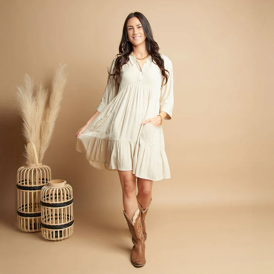 Rayanne Tiered Dress w/ Mid Length Sleeves in Parchment by Elsie & Zoey