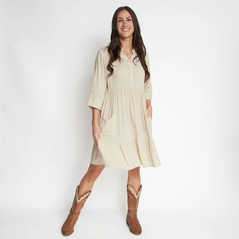 Rayanne Tiered Dress w/ Mid Length Sleeves in Parchment by Elsie & Zoey
