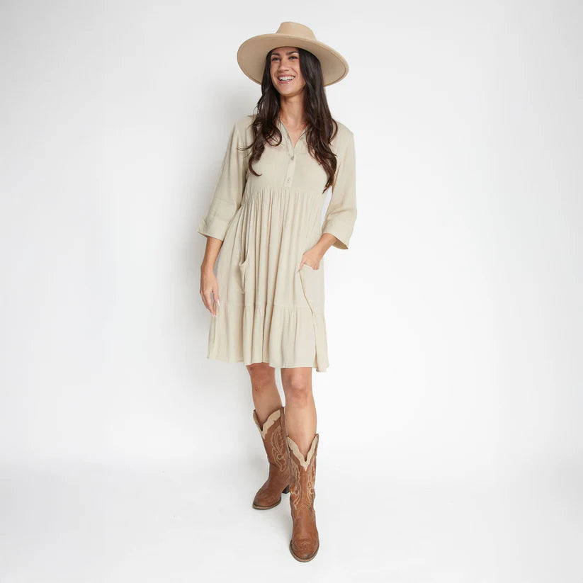 Rayanne Tiered Dress w/ Mid Length Sleeves in Parchment by Elsie & Zoey