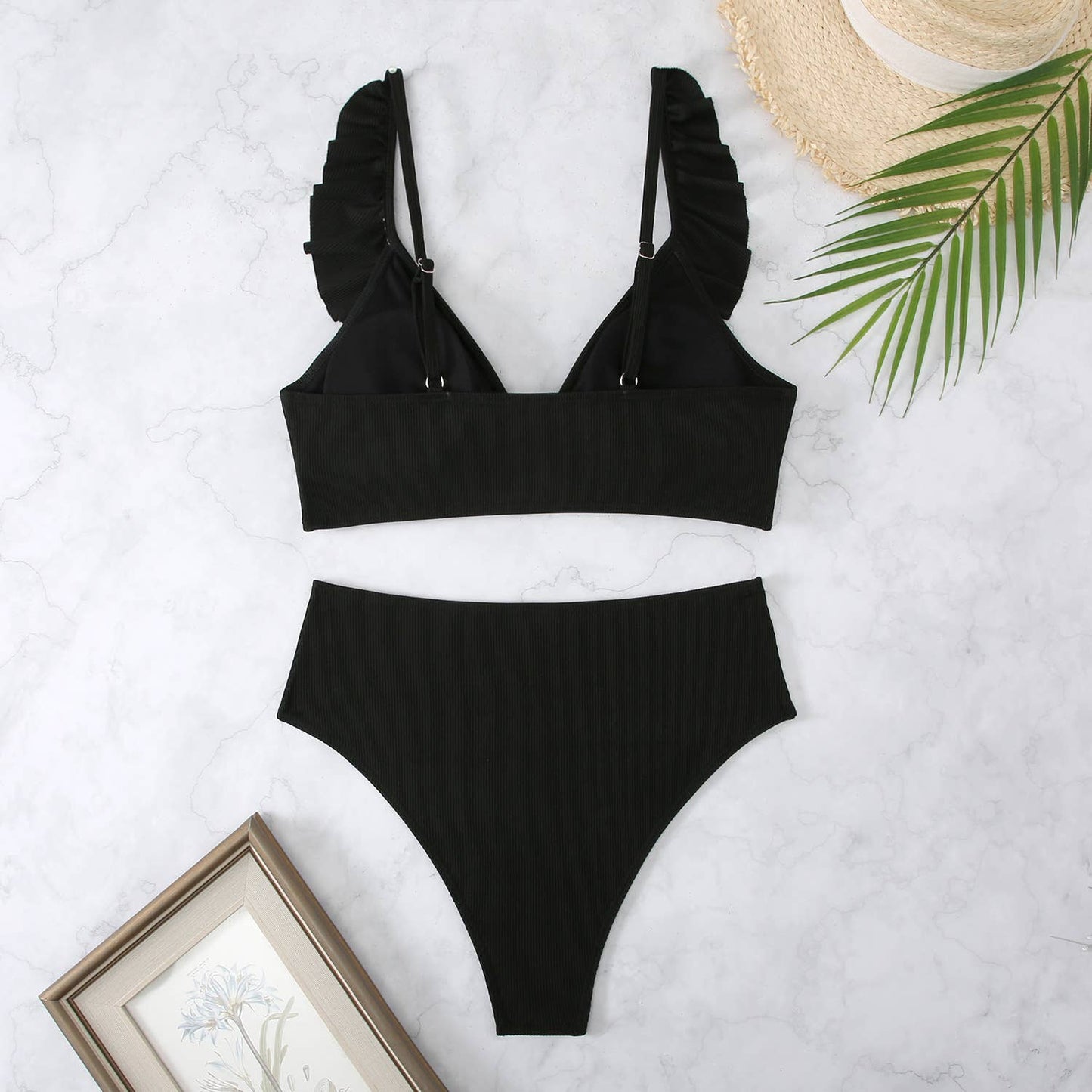 Striped High Waist V-neck Ruffled Bikini