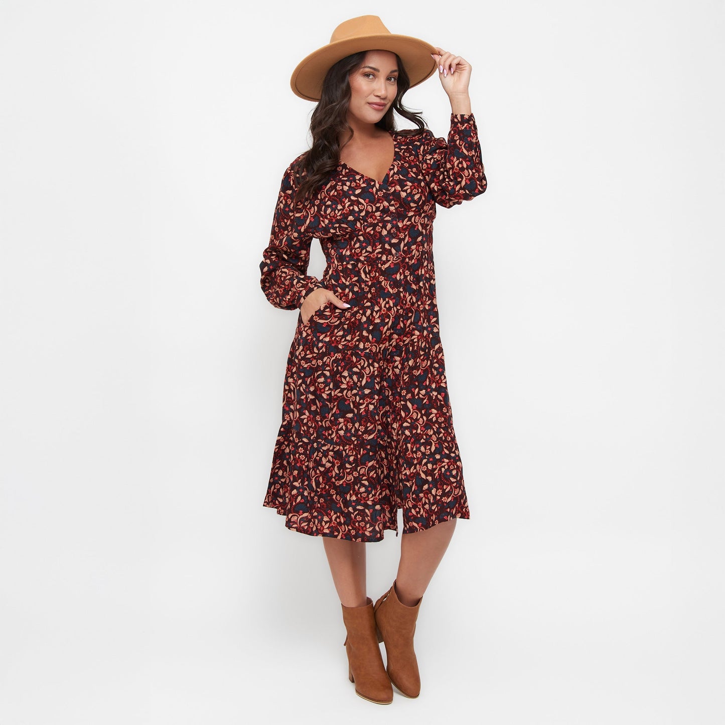 Drew Floral Fig V-Neck Long Sleeve Tiered Dress