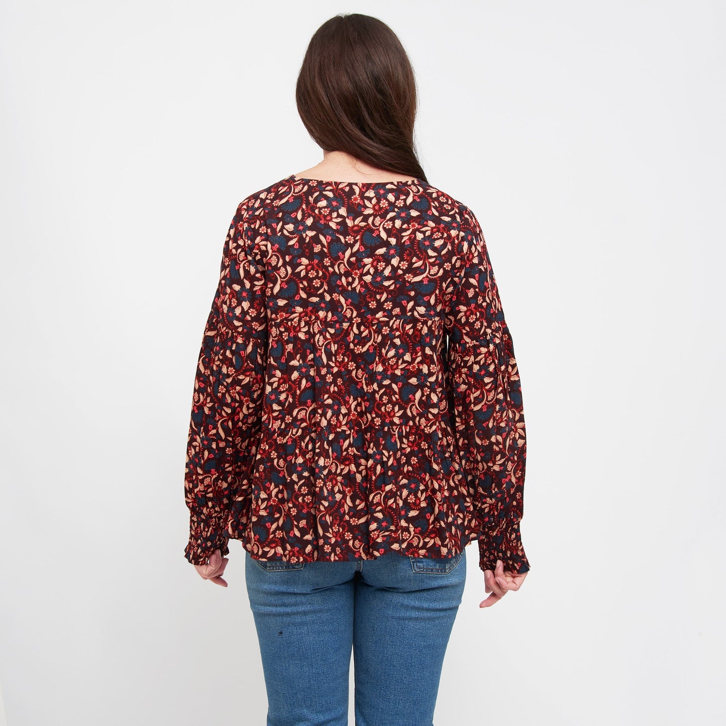 Drew Floral Fig V-Neck Long Sleeve Tiered Blouse