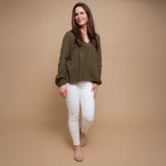 Blayke Collard V-Neck Long Sleeve Babydoll Blouse