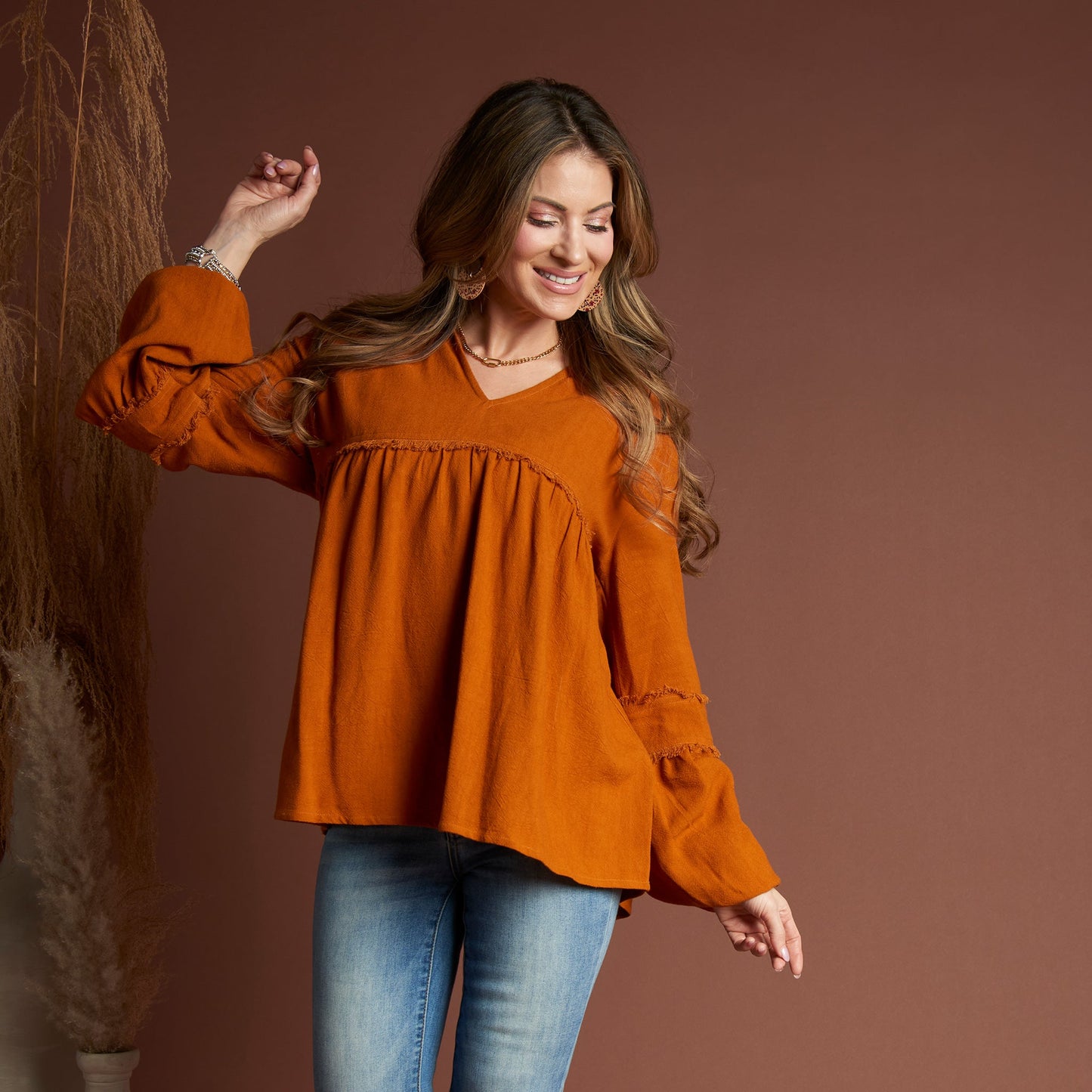 Blayke Collard V-Neck Long Sleeve Babydoll Blouse