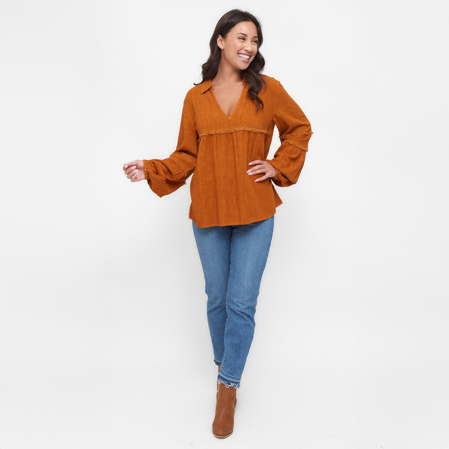 Blayke Collard V-Neck Long Sleeve Babydoll Blouse