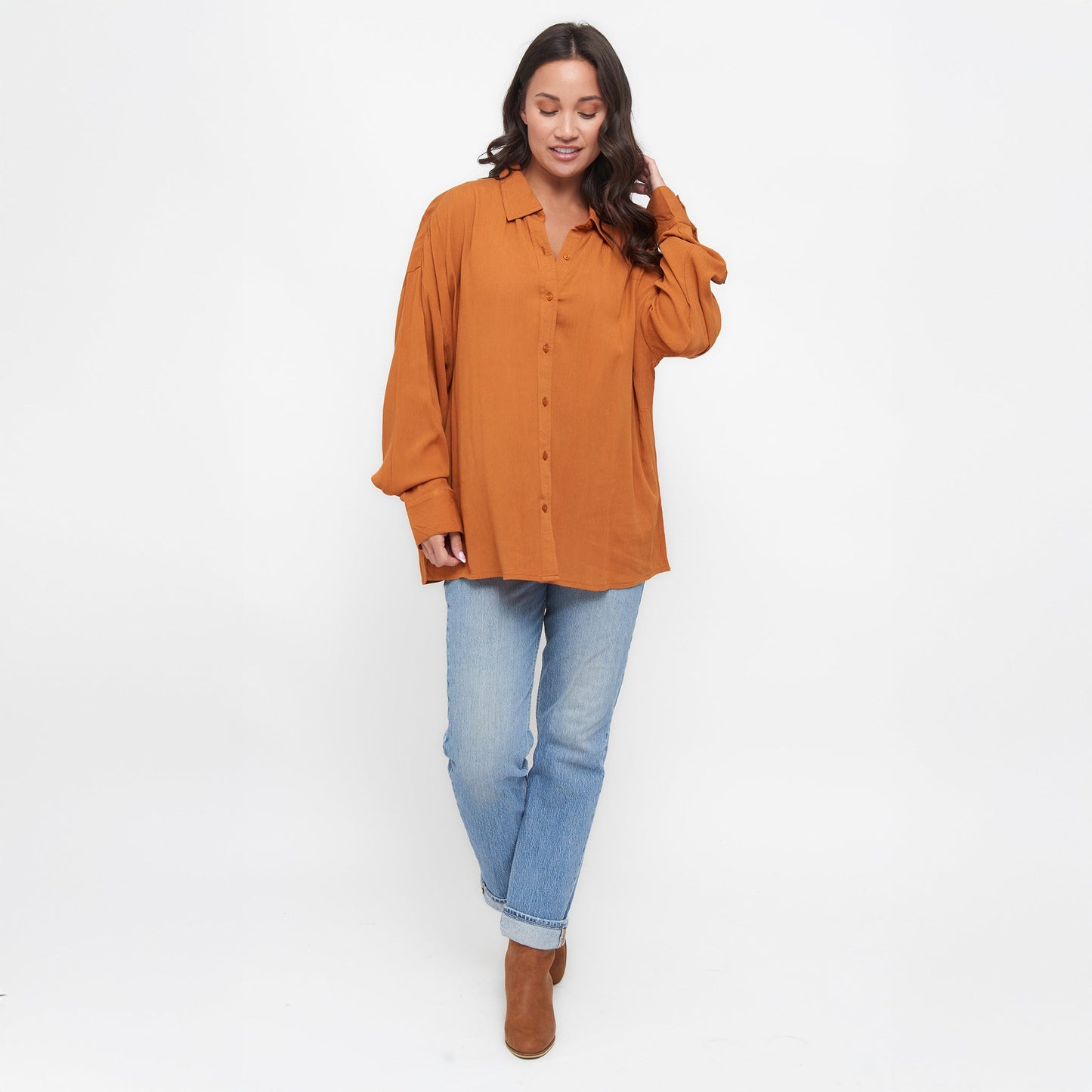 Reece Collared Long Sleeve Boyfriend Button Up Top