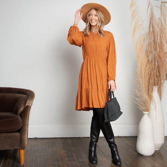 Clove Rustic Caramel Notch V-Neck Long Sleeve Tiered Dress