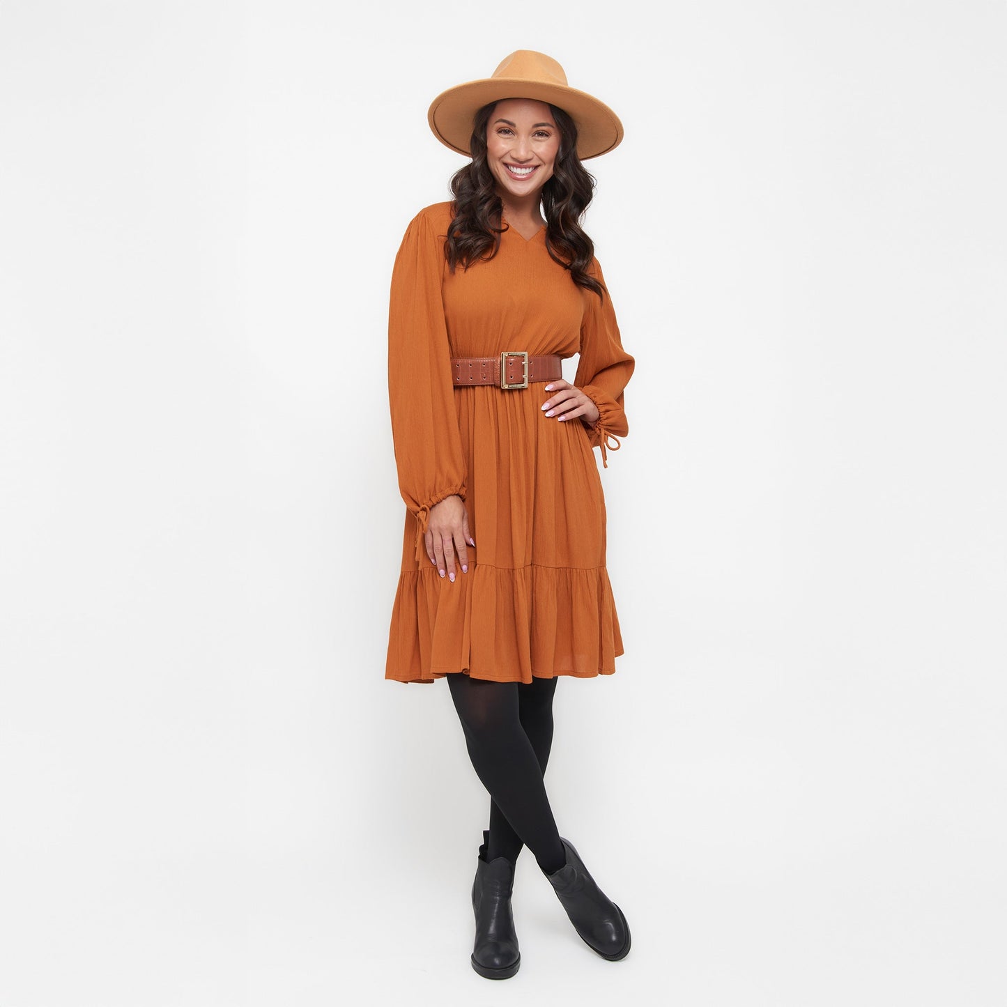 Clove Rustic Caramel Notch V-Neck Long Sleeve Tiered Dress