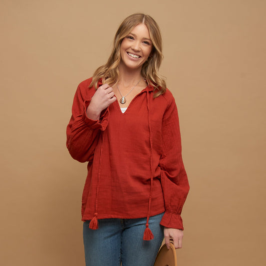 Jasmine Cotton Gauze V-Neck Long Sleeve Blouse