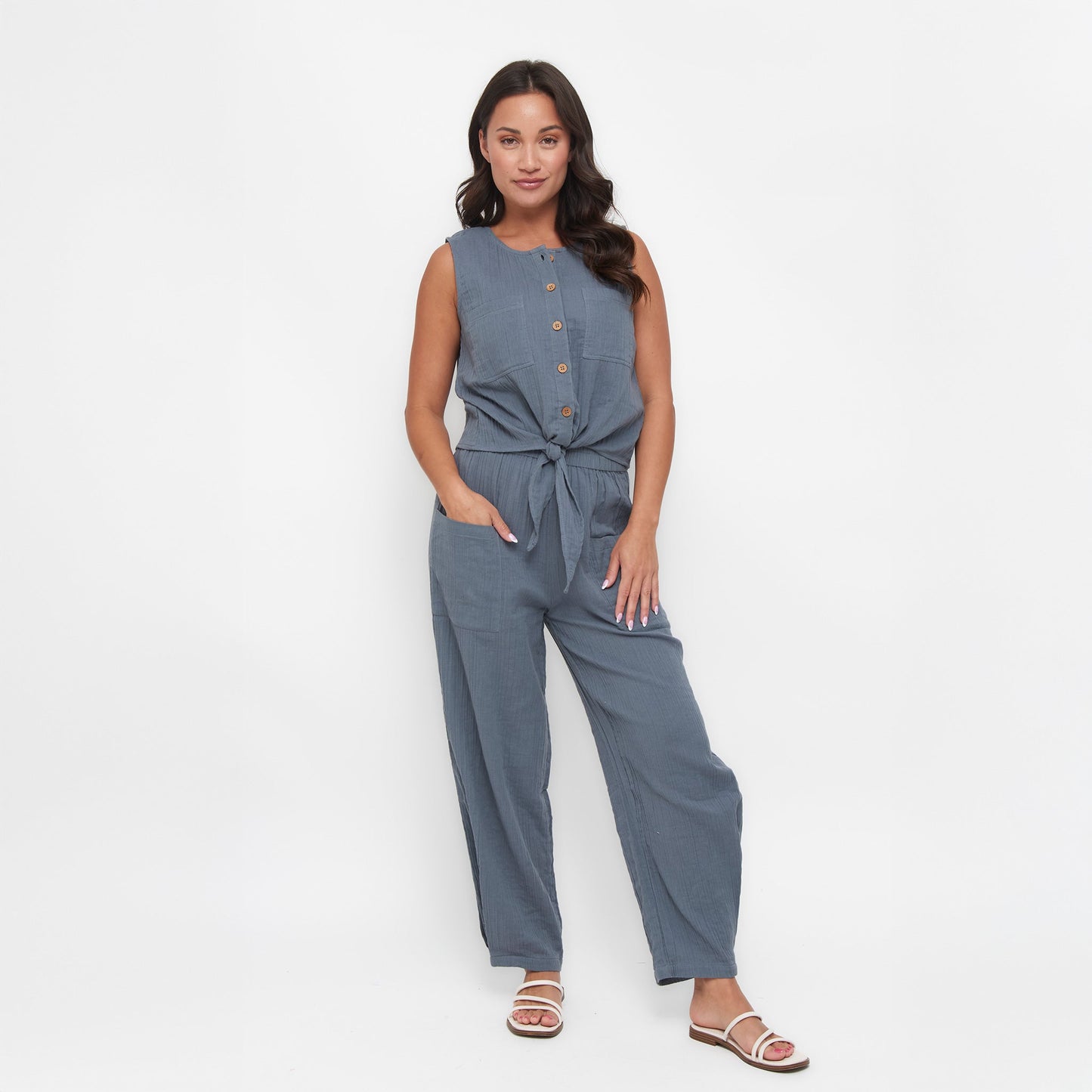 Jasmine Cotton Gauze Button Up Scoop Neck Tank Top