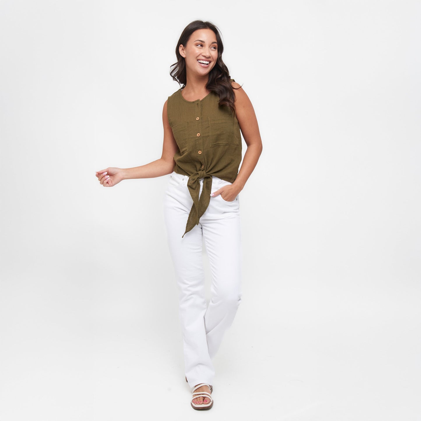 Jasmine Cotton Gauze Button Up Scoop Neck Tank Top
