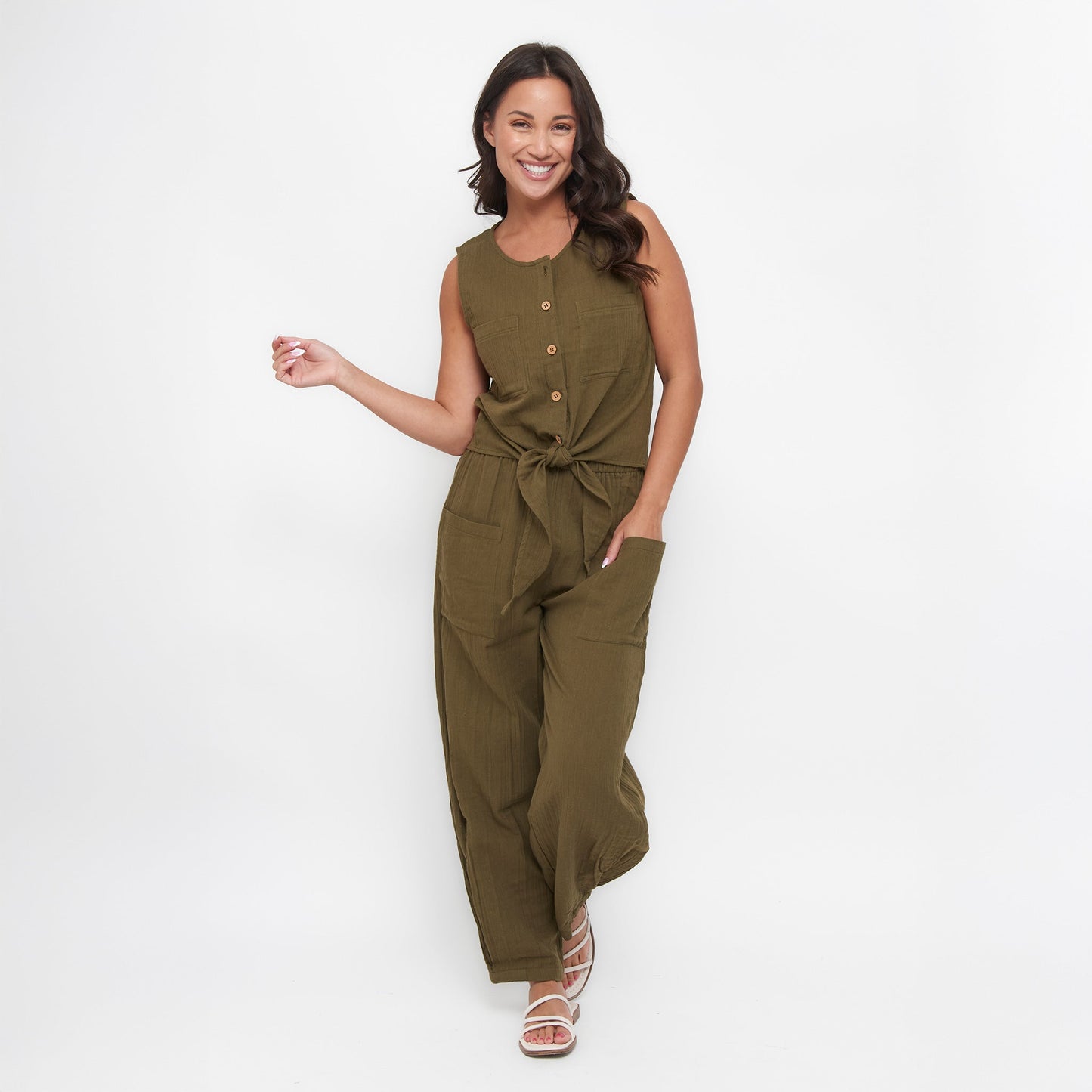 Jasmine Cotton Gauze Button Up Scoop Neck Tank Top
