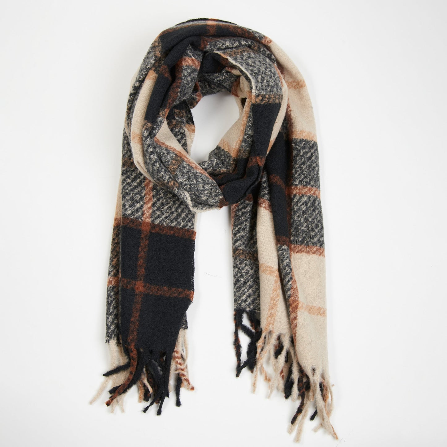 Kylie Windowpane Plaid Fringe Winter Scarf