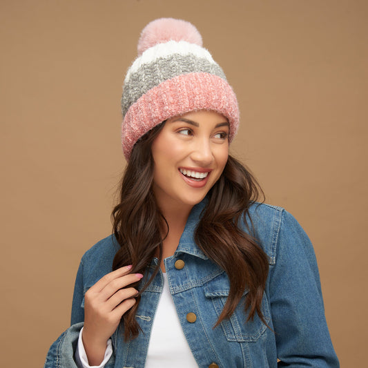 Jemmi Chenille Striped Pom Winter Beanie Hat