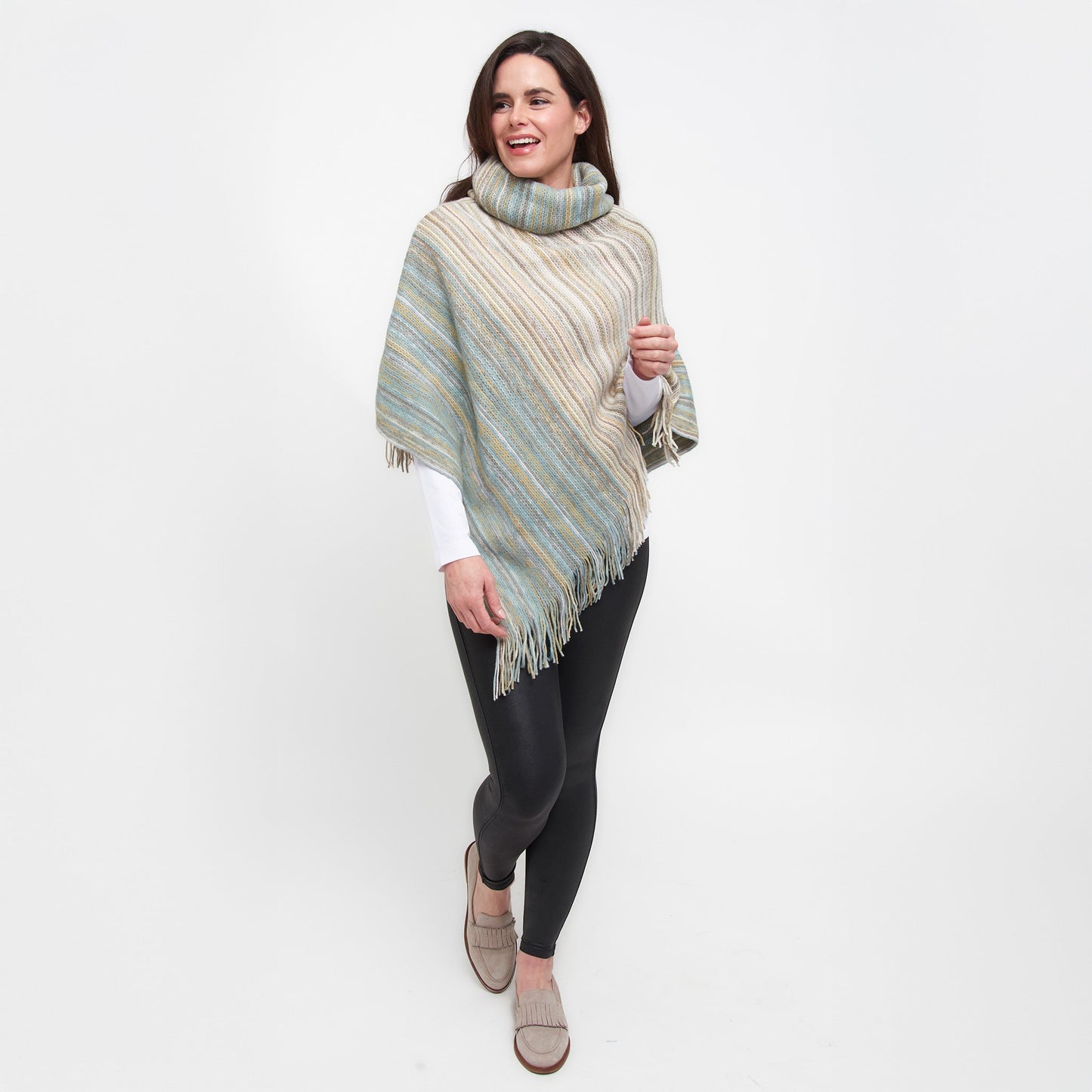 Tiya Striped Funnel Neck One Size Fringe Poncho