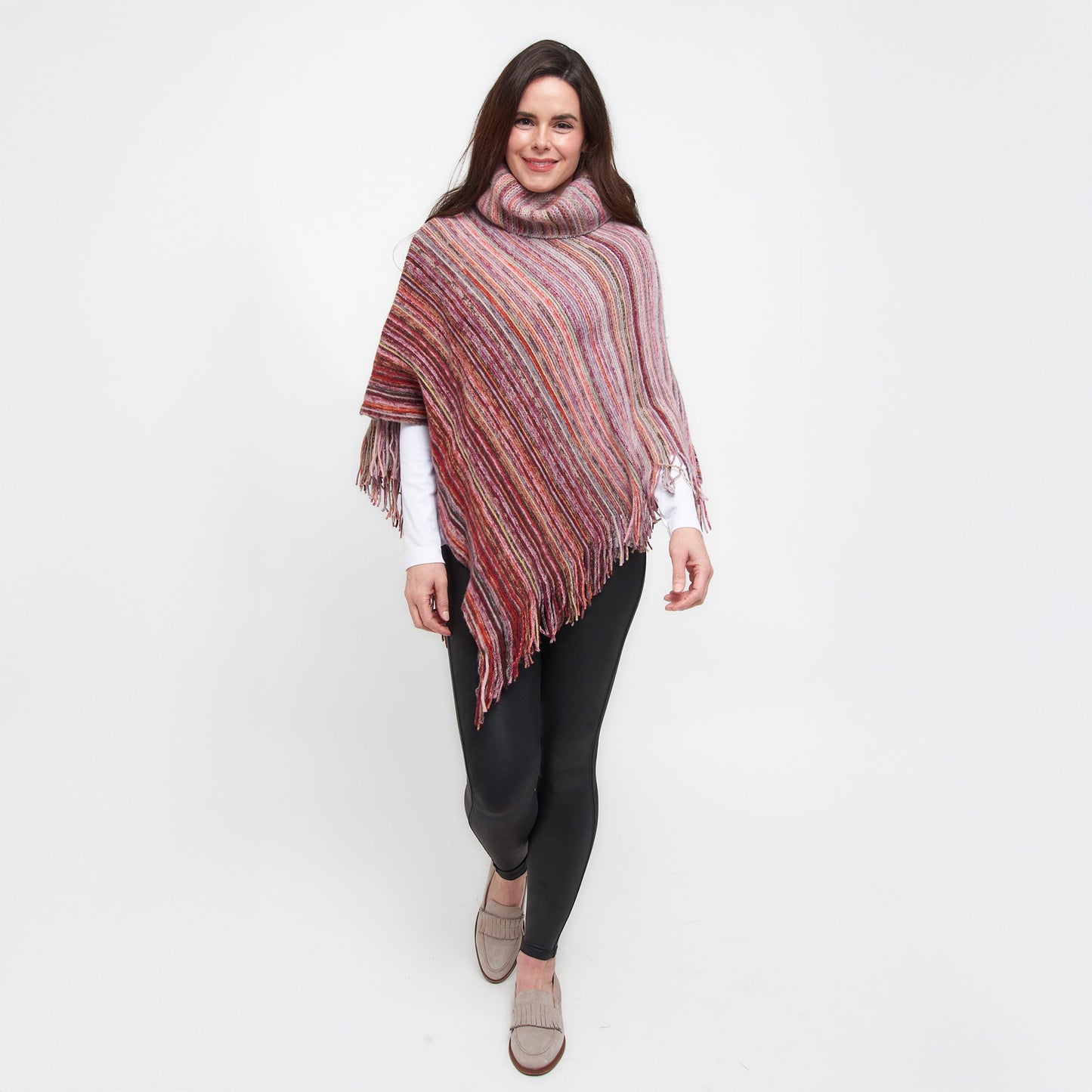 Tiya Striped Funnel Neck One Size Fringe Poncho