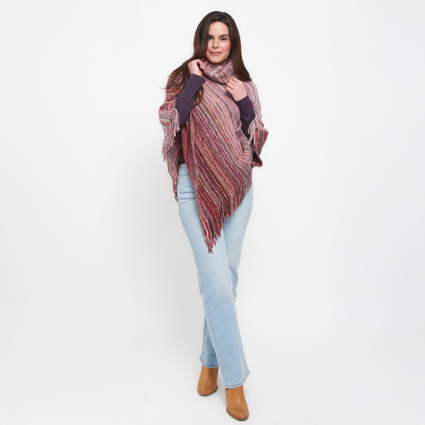 Tiya Striped Funnel Neck One Size Fringe Poncho
