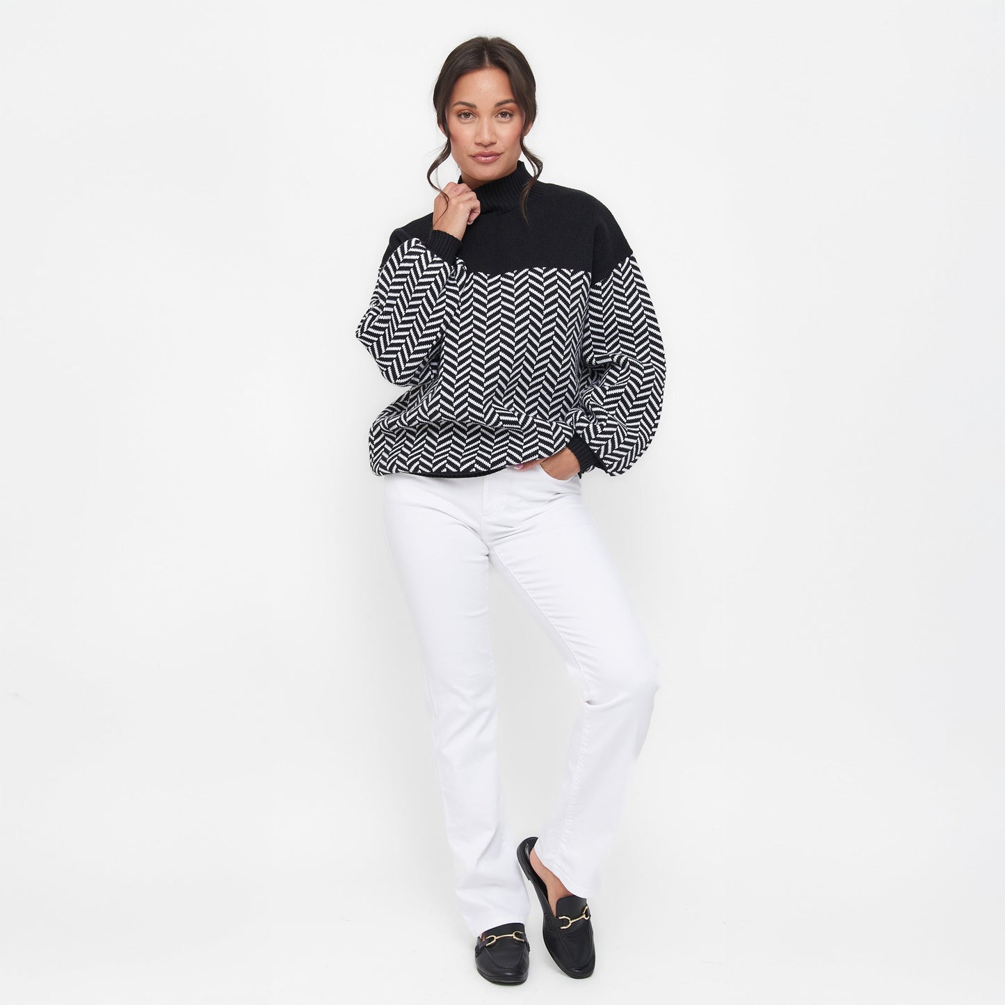 Skyler Herringbone Knit Mockneck Long Sleeve Sweater