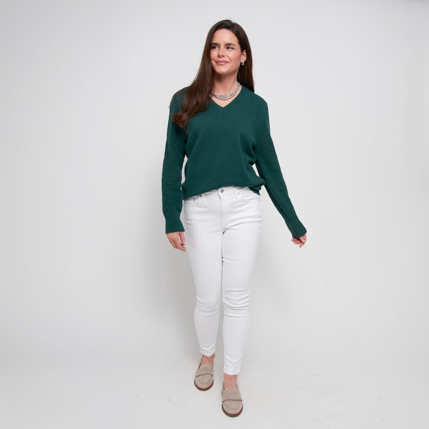 Emery Diamond Crochet Sleeve V-Neck Sweater