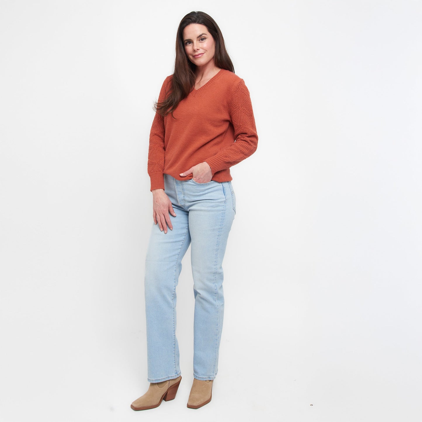 Emery Diamond Crochet Sleeve V-Neck Sweater