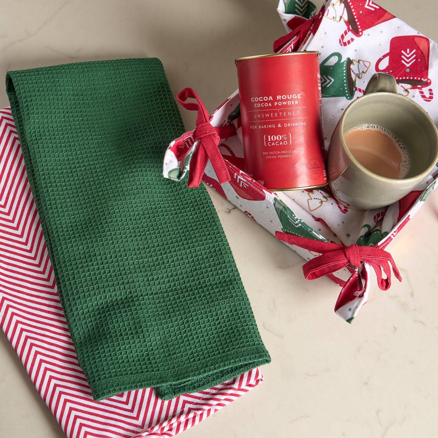 4 Piece Christmas Holiday Mugs Tea Towel & Bread Basket Set