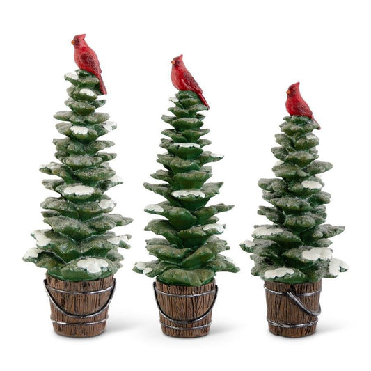 Snowy Resin Trees in Pail w/Cardinal 3 Asst
