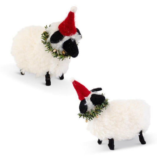 Wool Sheep w/Santa Hats and Wreaths 2 Assorted