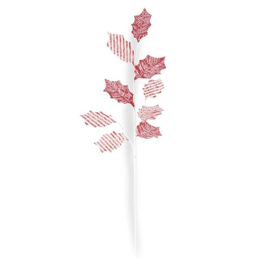 30in Glittered Red & White Flocked Fabric Holly Leaf Stem Pick