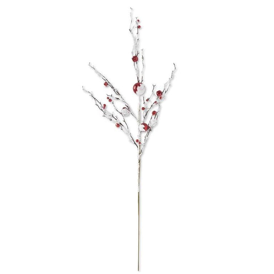 35in Glittered Flocked White Painted Branch with Red Ornaments Pick