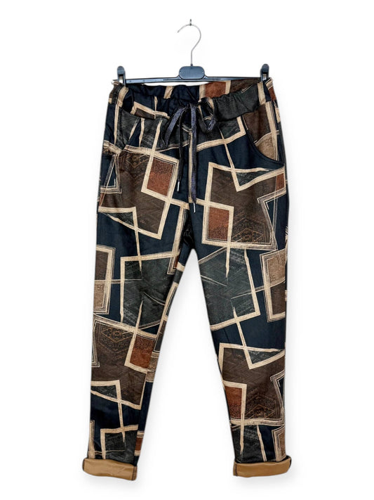 Geometric Navy Tan & Brown Patterned Jogger Pants: Motif 15 One Size Fits Most