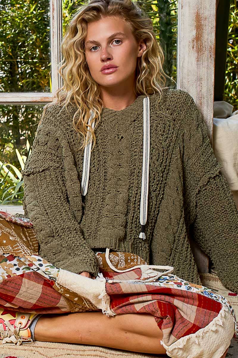 Oversize fit v-neck hooded cable knit chenille sweater by Pol Clothing