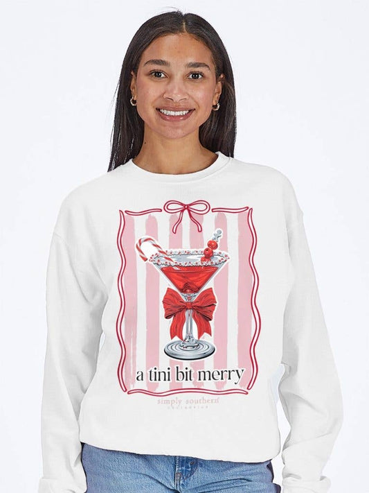 Tini Bit Merry Martini Glass CREW-TINI-WHITE Long Sleeve Crew by Simply Southern