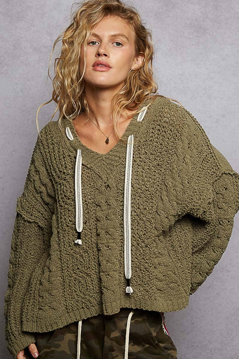 Oversize fit v-neck hooded cable knit chenille sweater by Pol Clothing