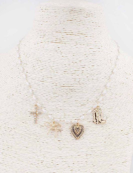 Cross/Bow/Heart/Boots Charms Faux Pearl Bead Necklace