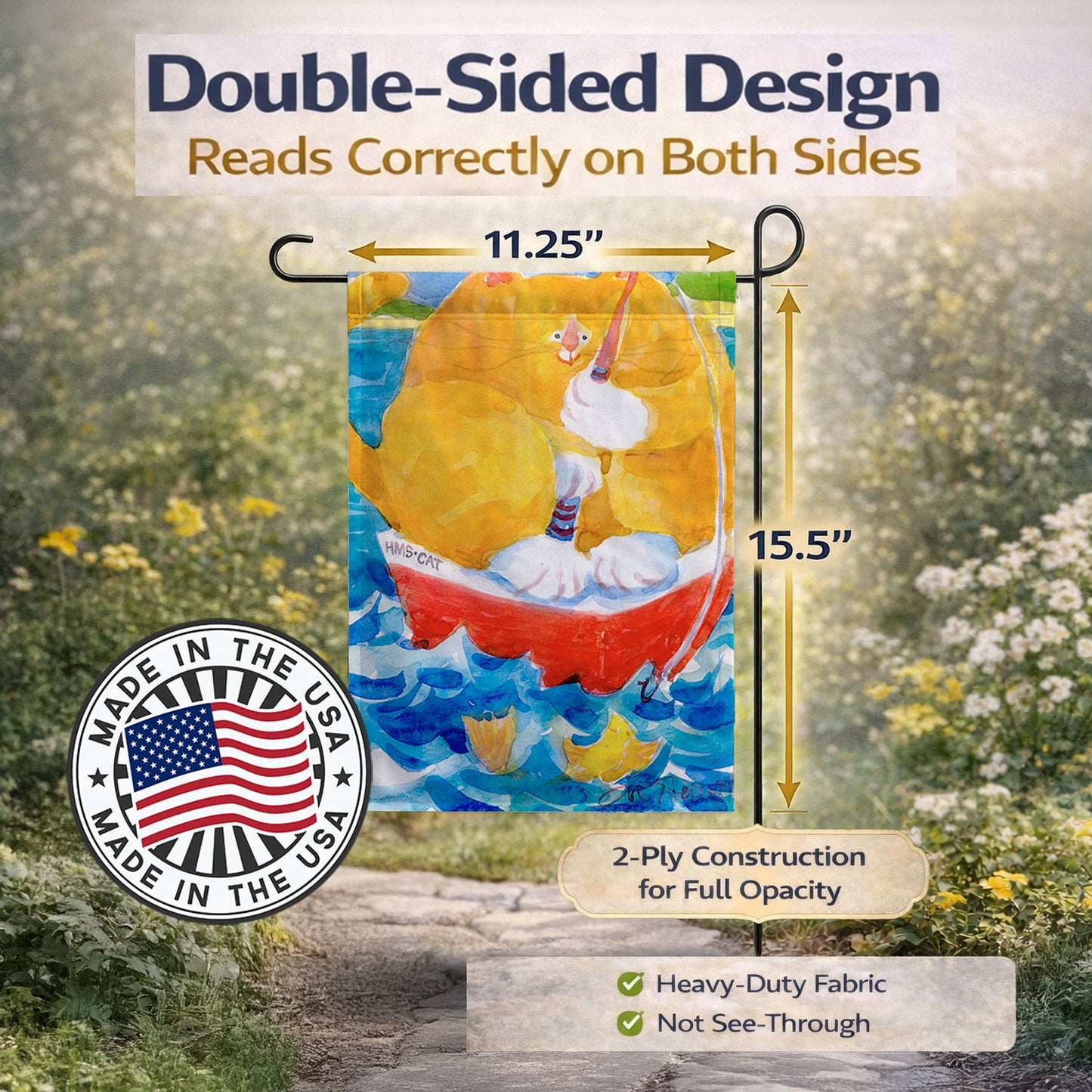 HMS Orange Tabby Fishing Cat  Garden Flag – Decorative Outdoor Yard Flag
