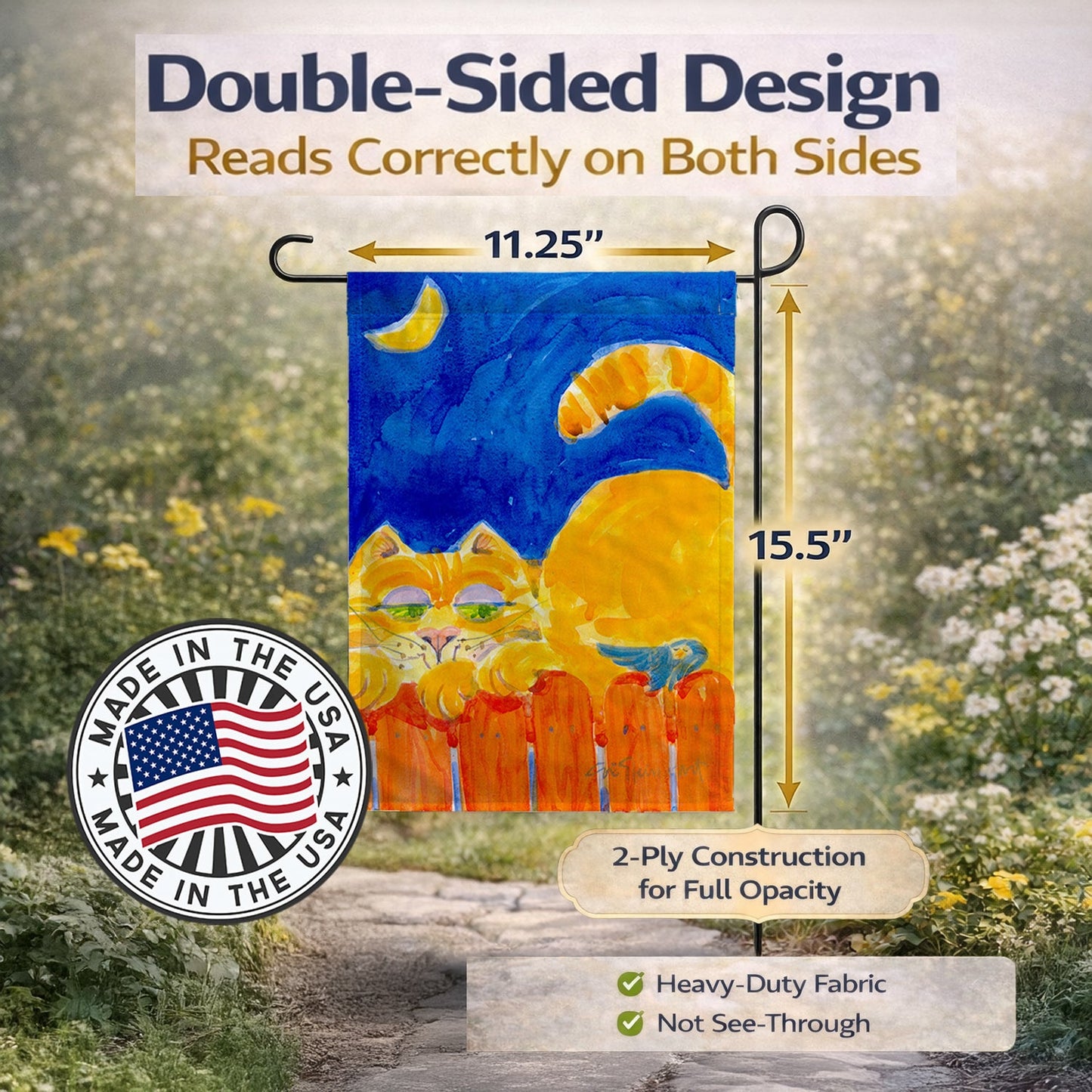 Orange Tabby Cat on the fence  Garden Flag – Decorative Outdoor Yard Flag