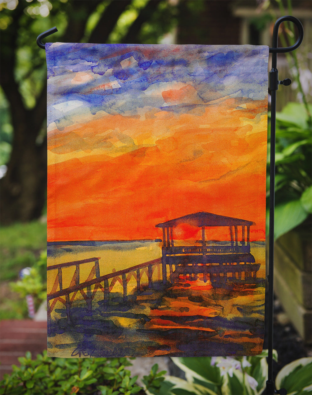 Sunset from the Dock at the pier Garden Flag – Decorative Outdoor Yard Flag