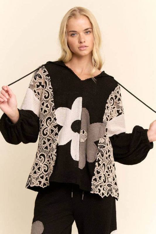HOODIE OVERSIZED KNIT TOP WITH FLOWER PATCH by Davi & Dani