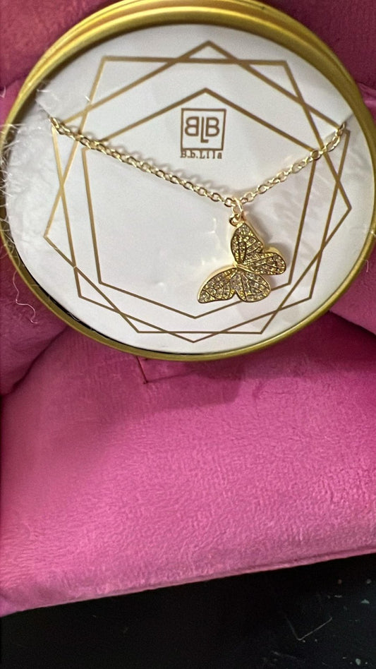 Gold Pave' Butterfly 16 Necklace - Butterfly Kisses by B.b. Lila Jewelry