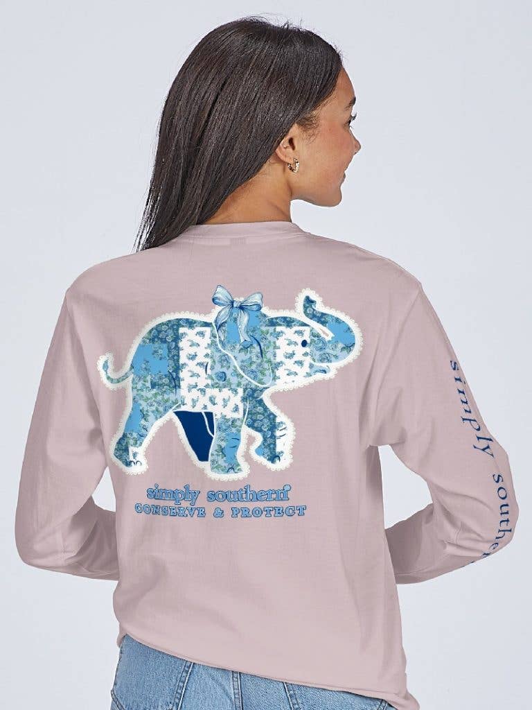 Blue Floral Elephant Simply Southern Long Sleeve Tracker Tee LS-TRACKE1-FLRBL-DRFTWD