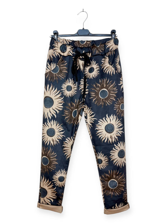 Navy with Tan & Brown Floral Patterned Jogger Pants: Motif 16 One Size Fits Most