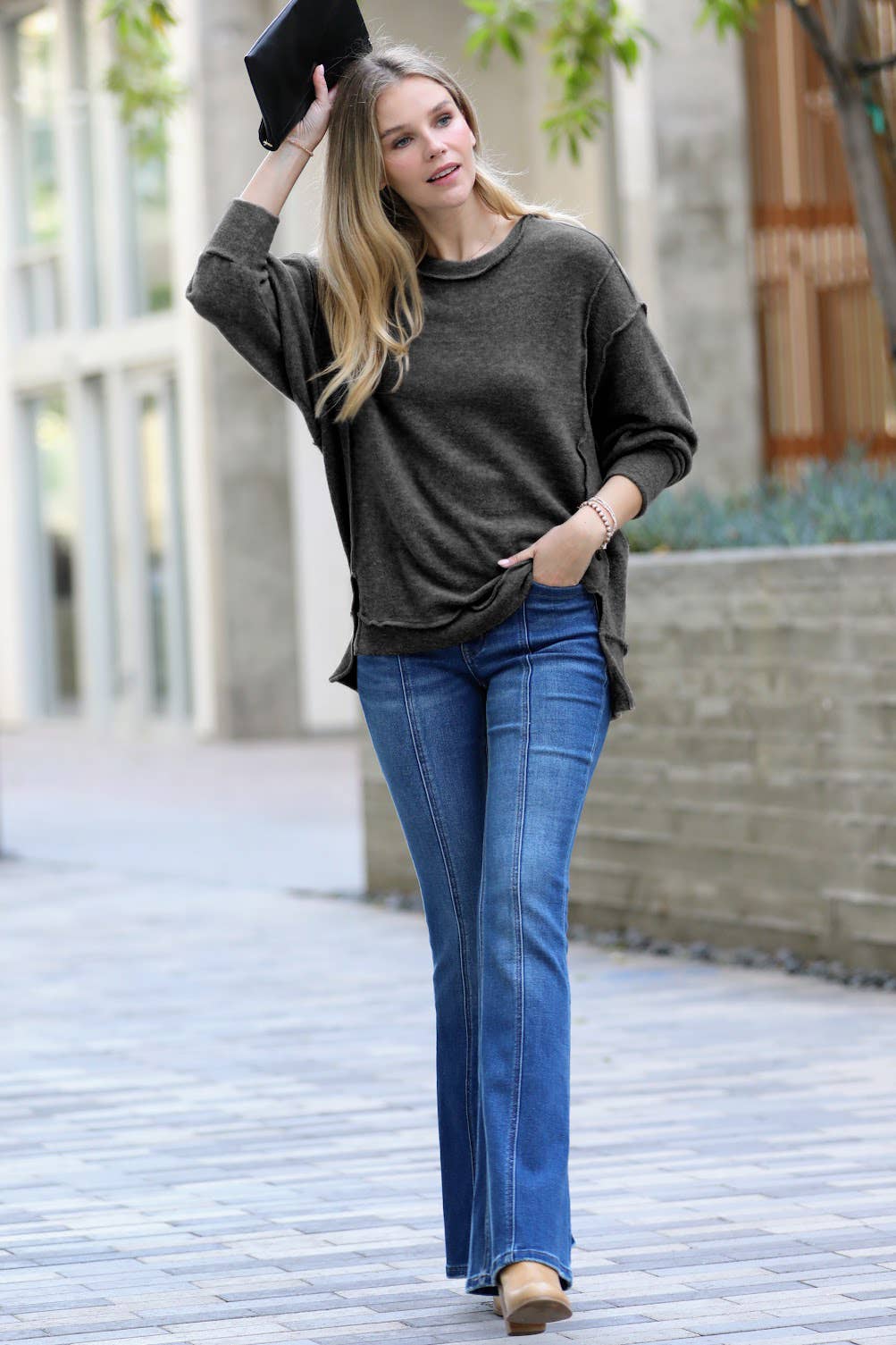 Brushed Melange Hacci Exposed Seam Sweater W/ Side