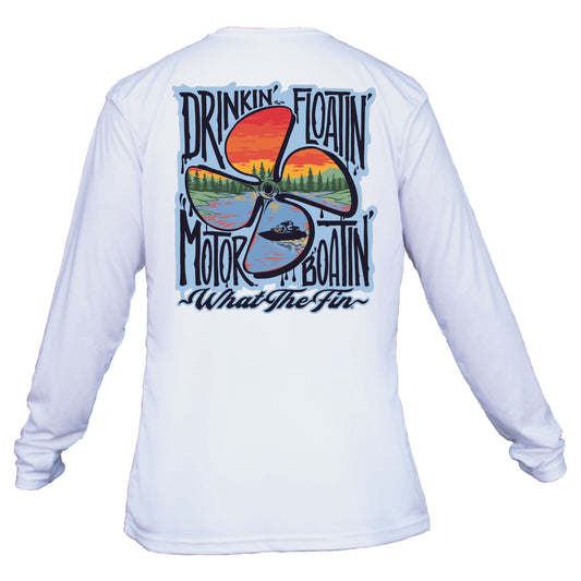 Drinkin Floatin Motor Boatin White L/S Performance UPF Fishing Clothing Top from What The Fin