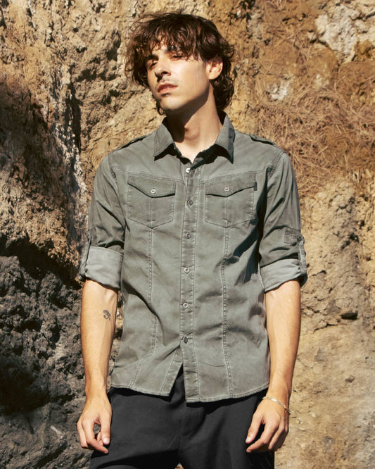 Men's Vintage Color Wash Dyed Stretch Button Shirt