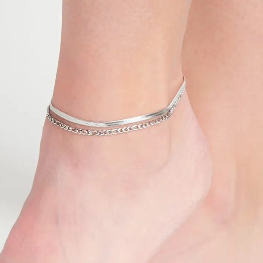 2 Row Snake Chain Anklet Silver L" 8 1/2 Narelle Waterproof Jewelry