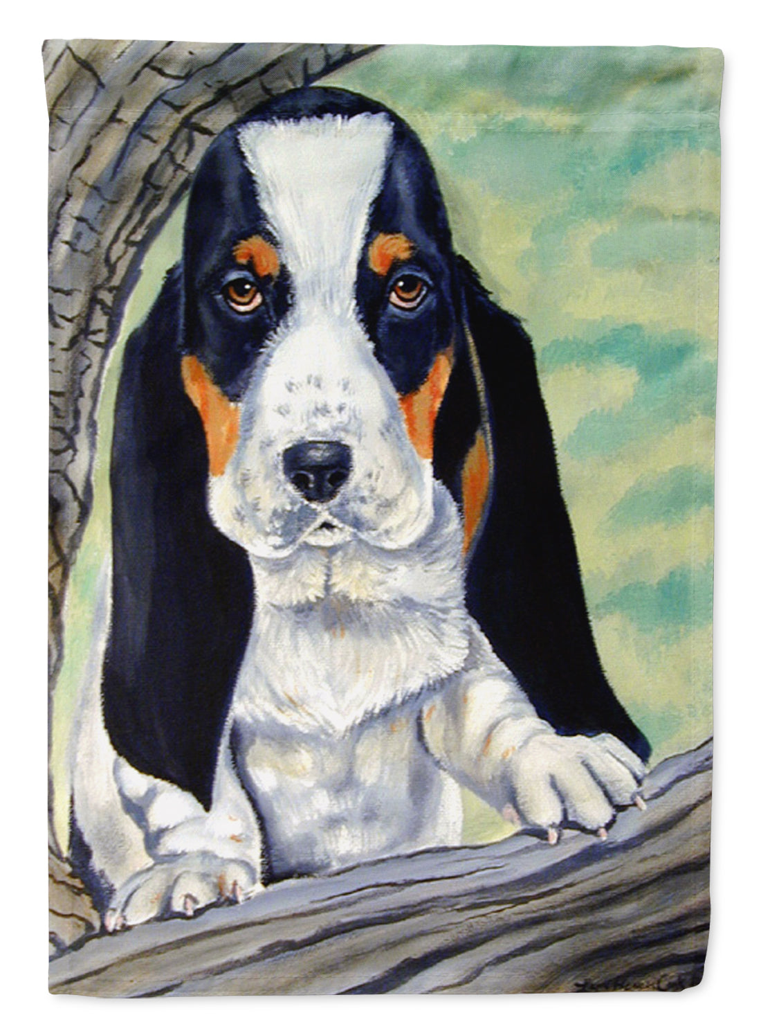 Basset Hound at the tree Garden Flag – Decorative Outdoor Yard Flag