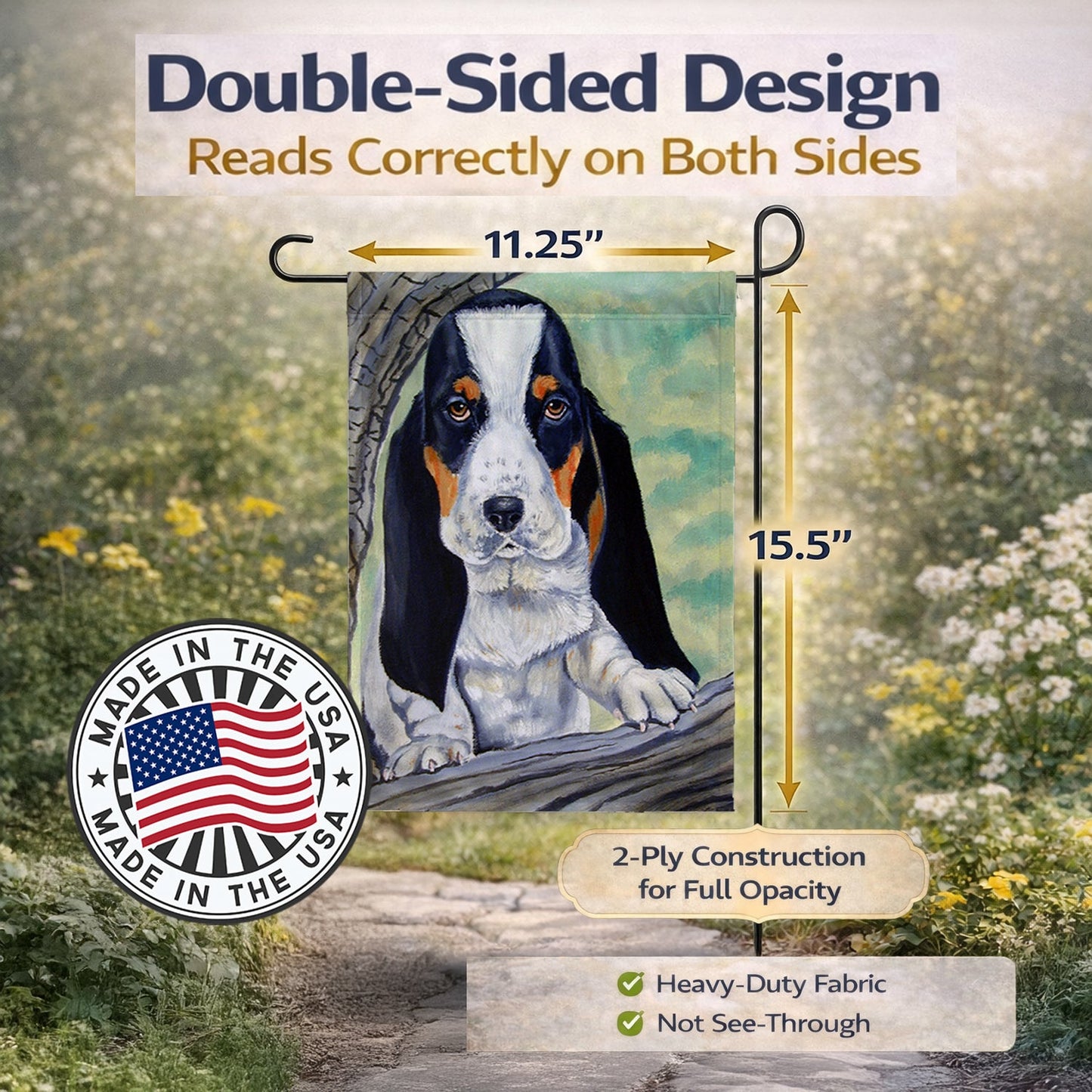 Basset Hound at the tree Garden Flag – Decorative Outdoor Yard Flag