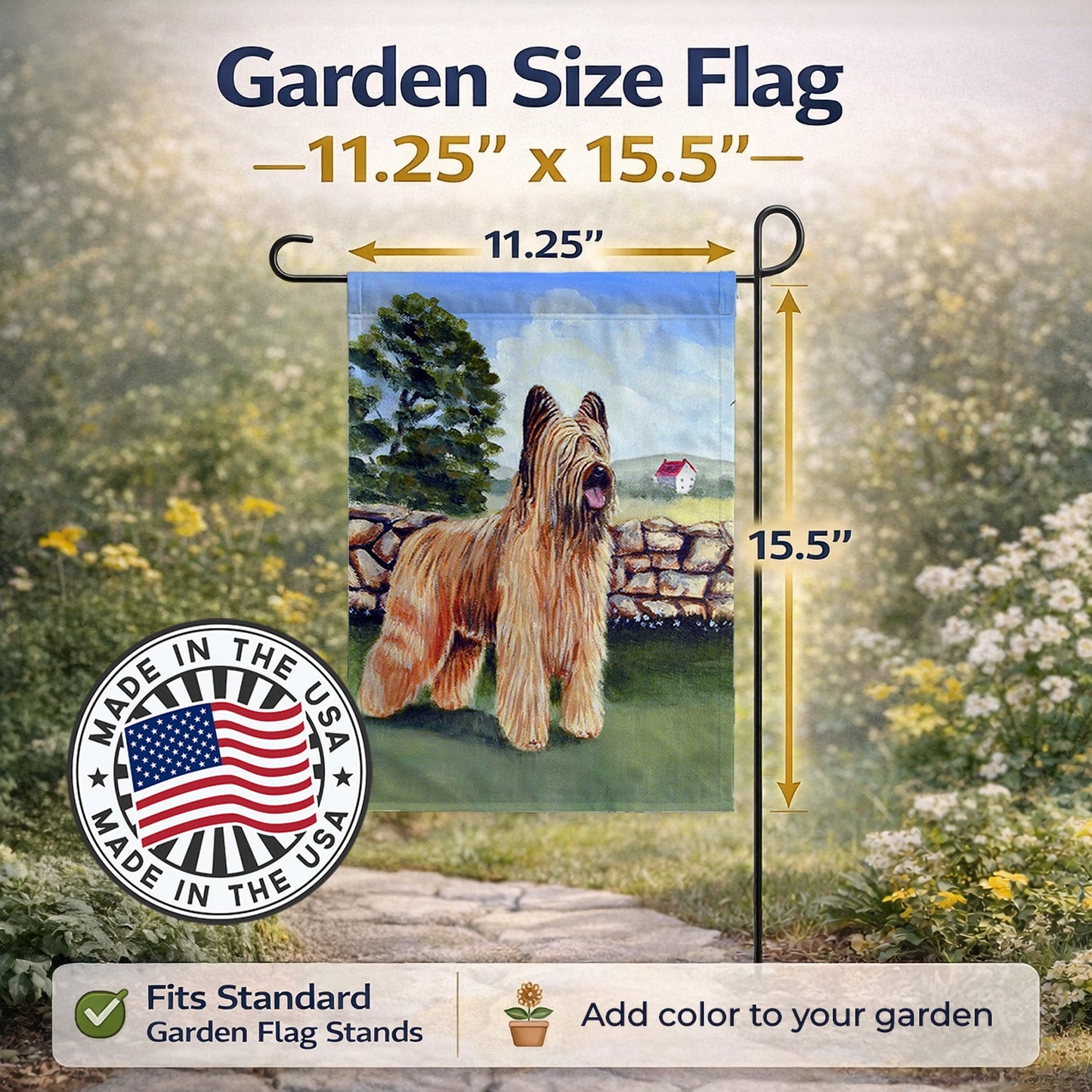 Briard by the stone fence Garden Flag – Decorative Outdoor Yard Flag