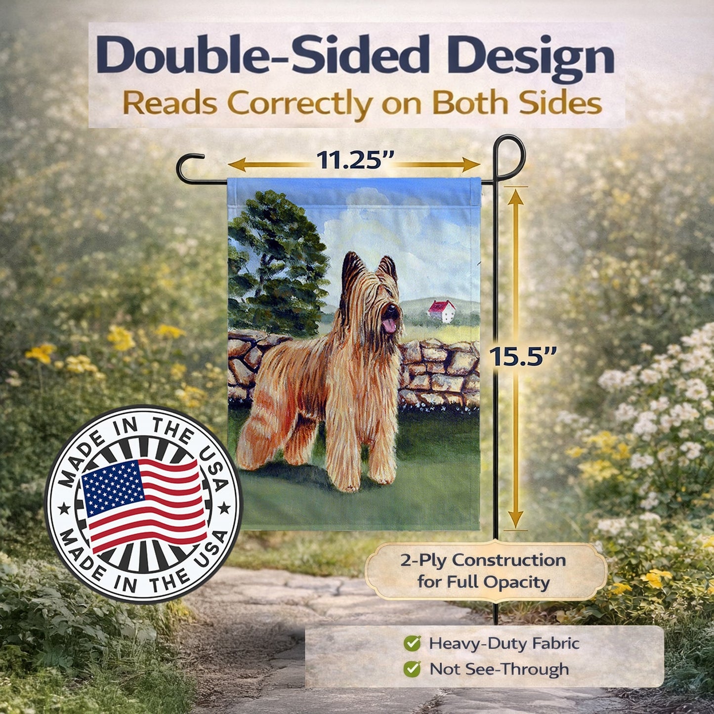 Briard by the stone fence Garden Flag – Decorative Outdoor Yard Flag