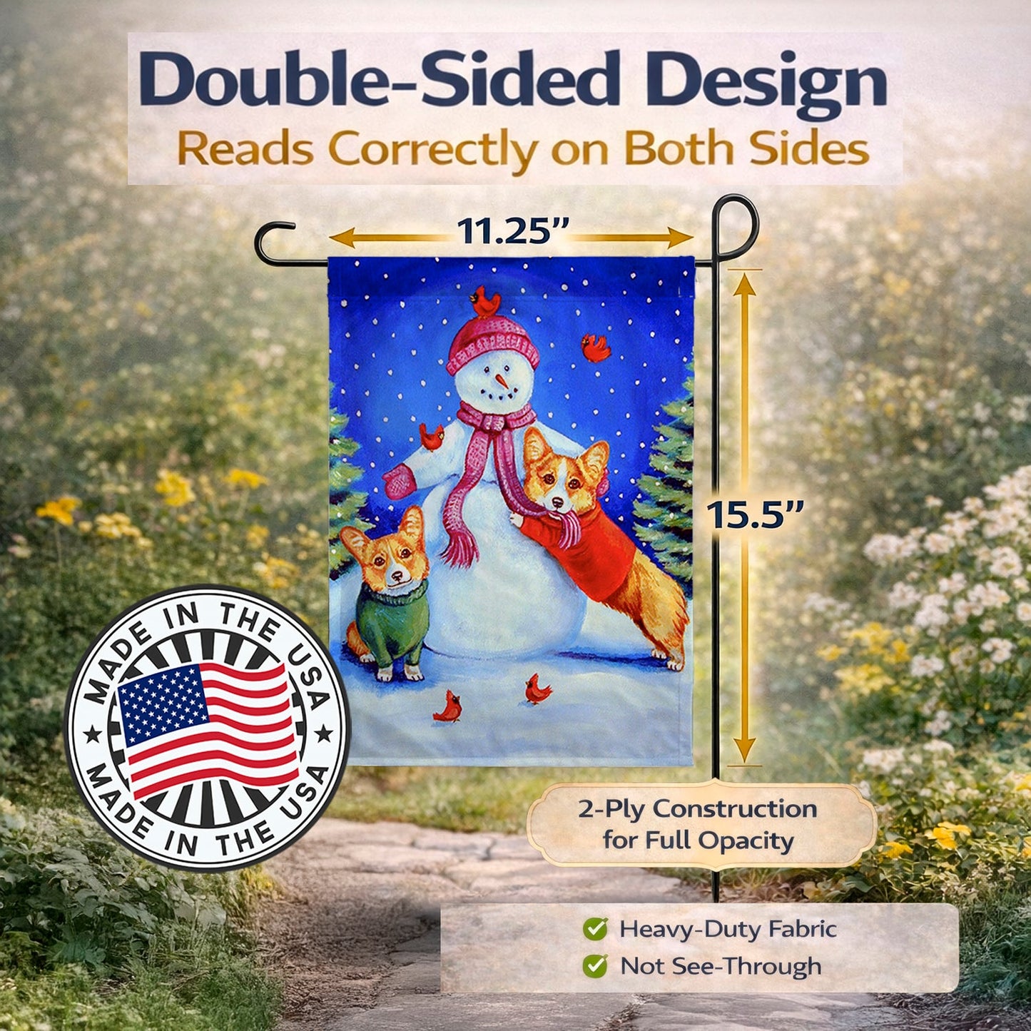 Snowman with Corgi Garden Flag – Decorative Outdoor Yard Flag
